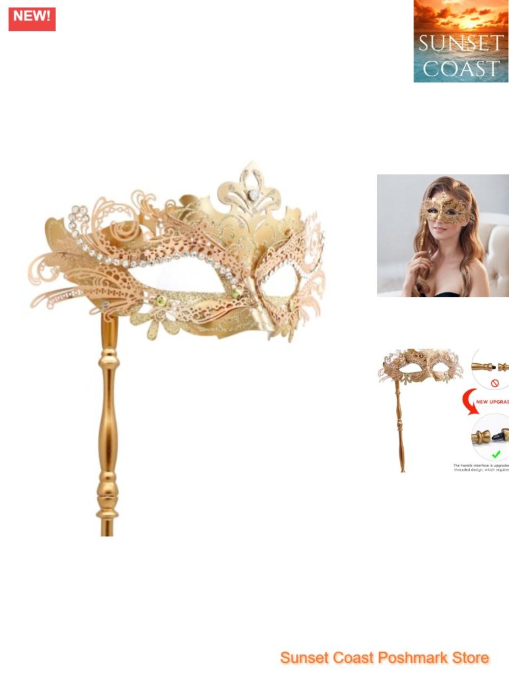Masquerade Mask with Stick Venetian Mardi Gras Halloween Costume for Women